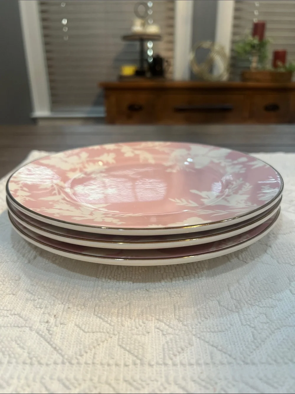 3 Pottery Barn Pink & White Floral Plates Gold Trim 8.75 Inch